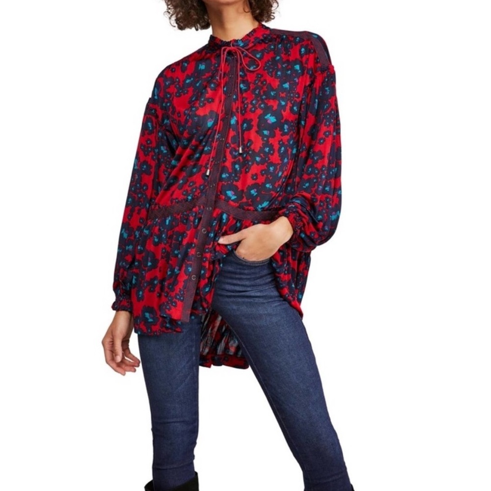 Free People Love Letter Tunic Top Red Floral Print Sz XS